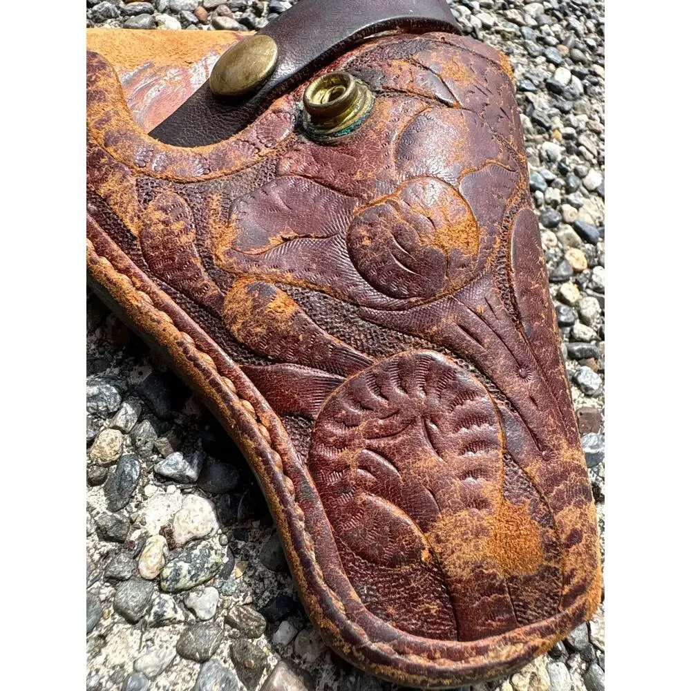 Hand tooled Leather Holster with snap clasp brown floral handmade vintage Vtg